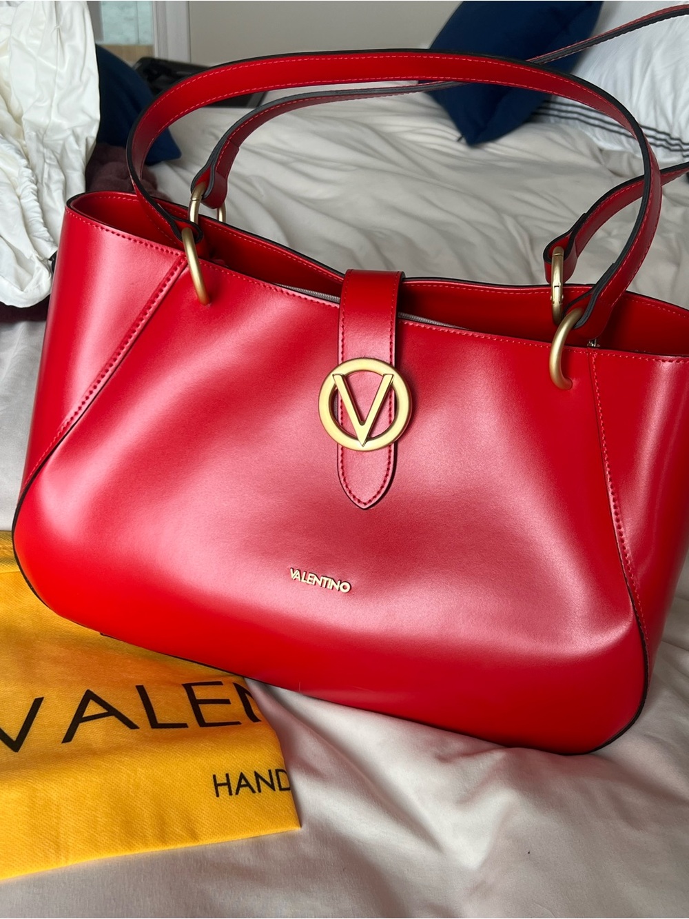 Valentino Red Leather Shoulder Bag with Gold V Emblem